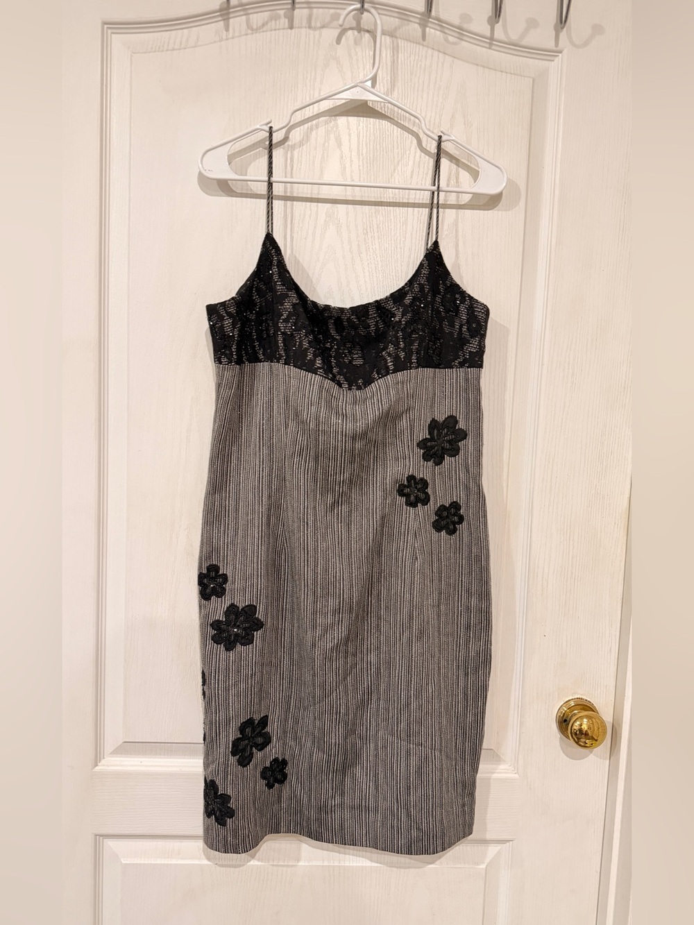 Muse Black Lace-Trim Striped Dress with Floral Appliqués